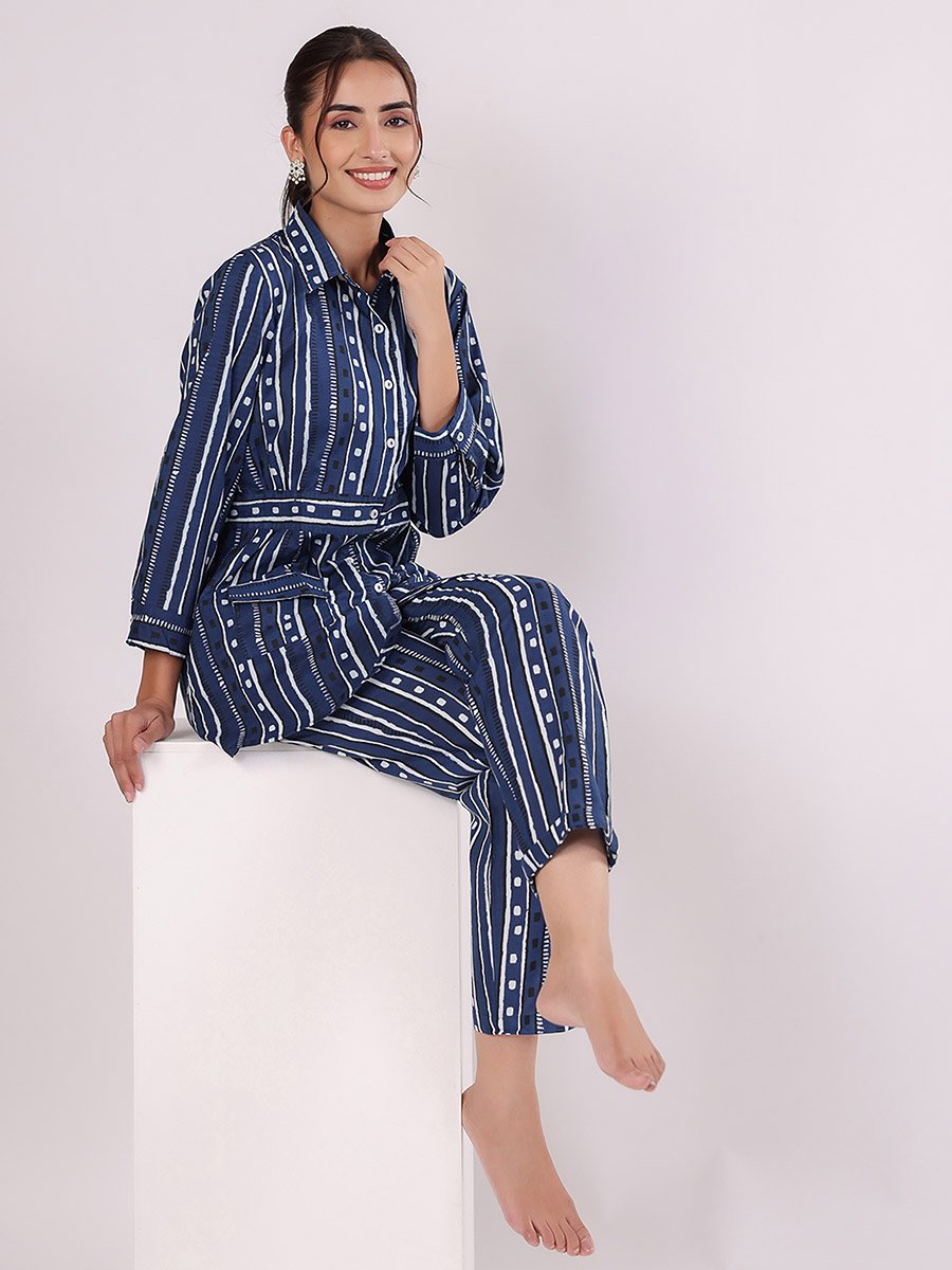 Striped Cotton Shirt and Pyjama Set with Pocket Detail