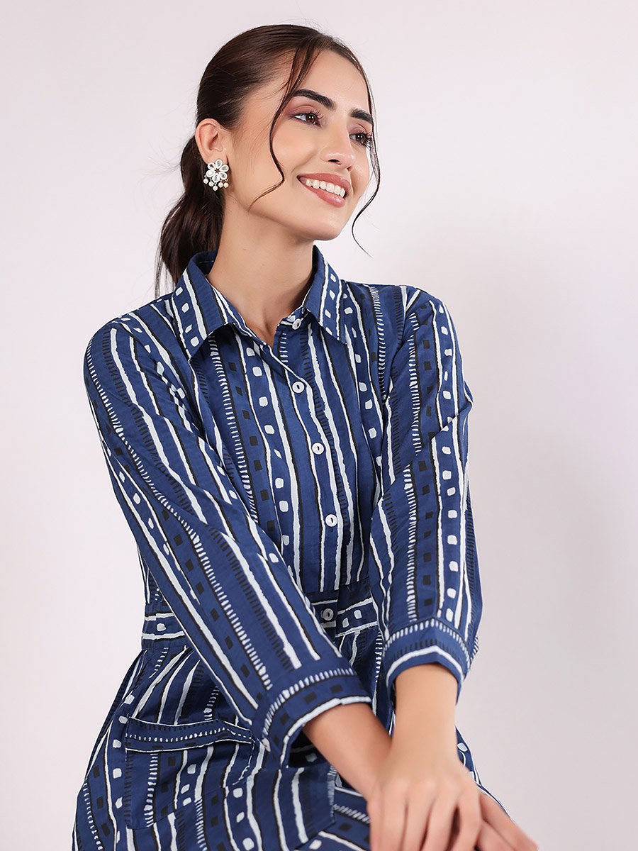 Striped Cotton Shirt and Pyjama Set with Pocket Detail