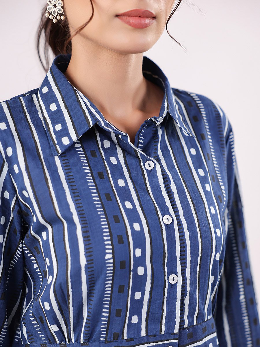 Striped Cotton Shirt and Pyjama Set with Pocket Detail