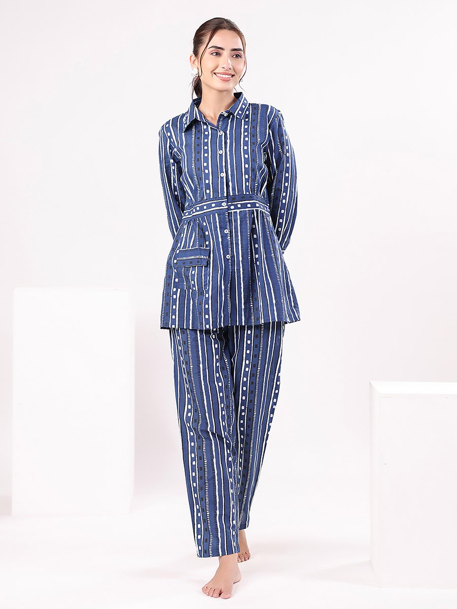Striped Cotton Shirt and Pyjama Set with Pocket Detail