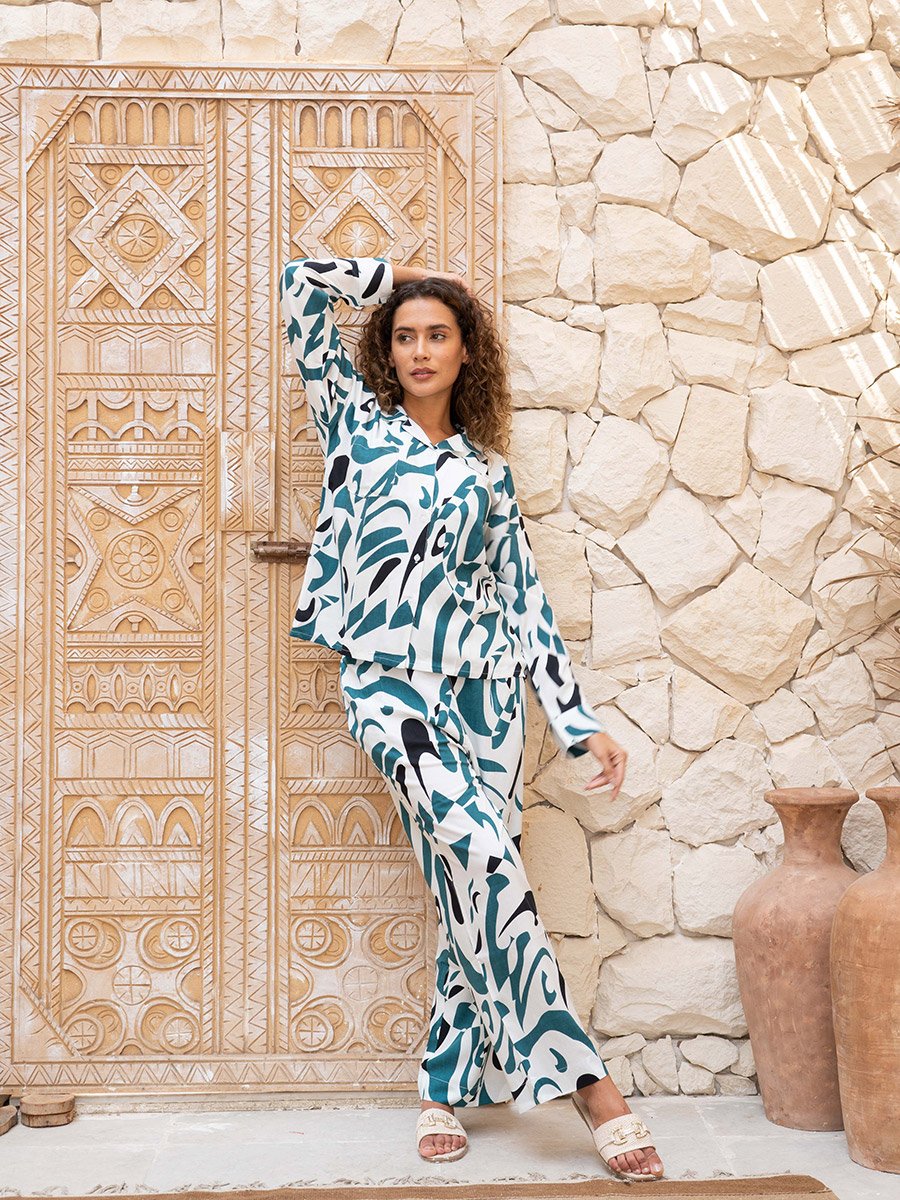 Abstract Printed Spread Collar Shirt and Pyjama Set