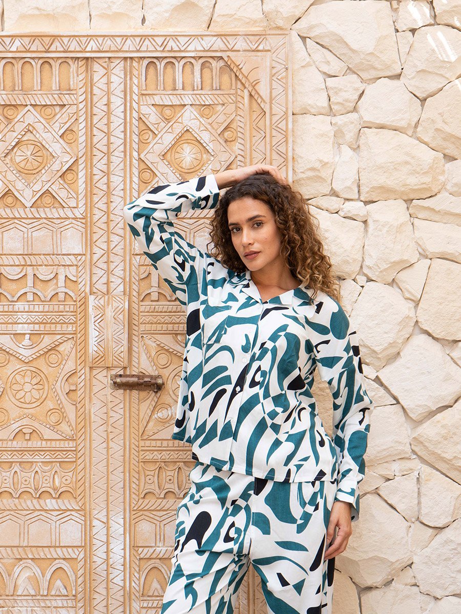 Abstract Printed Spread Collar Shirt and Pyjama Set