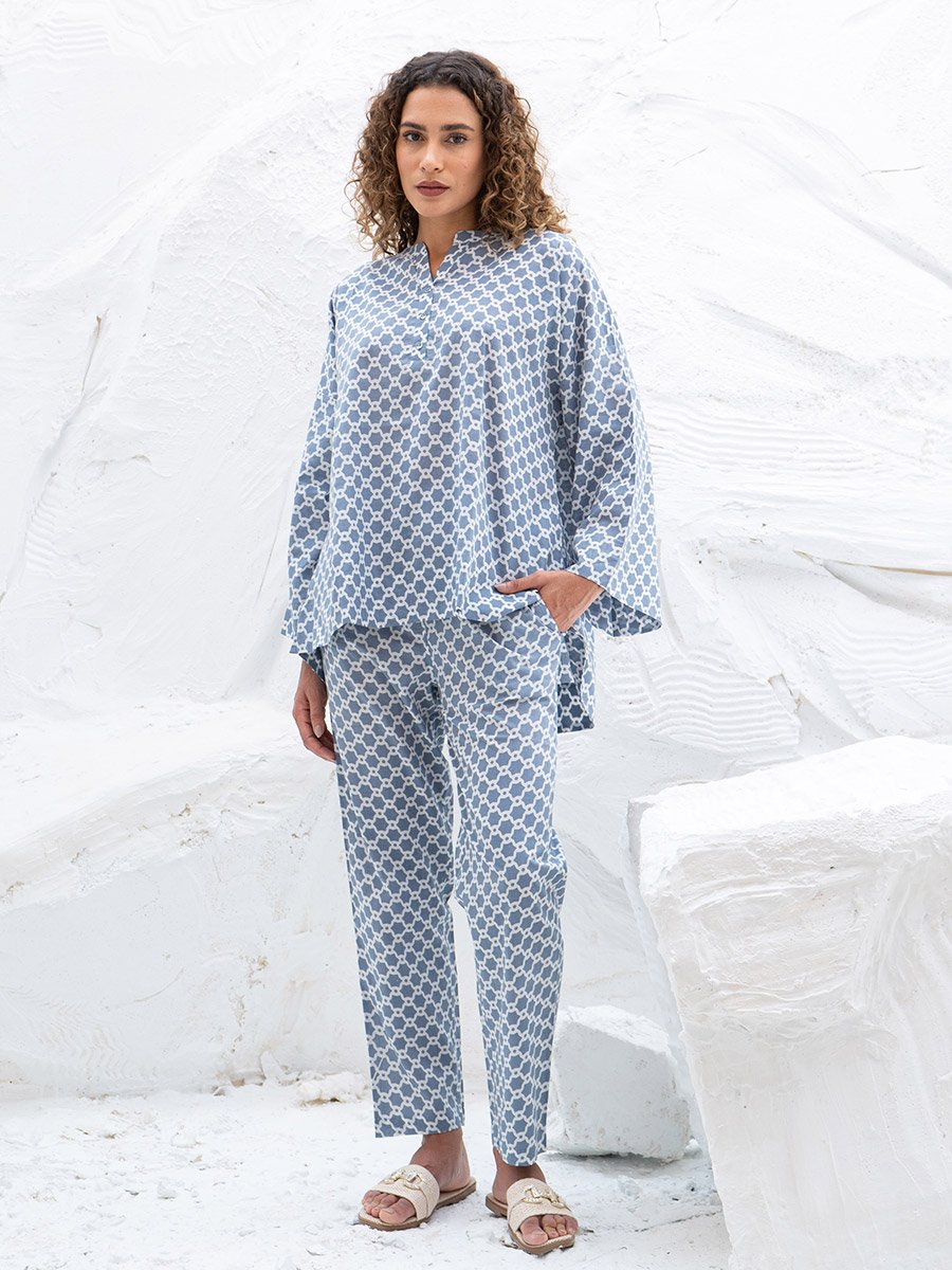 Geometric Printed Notch Neck Top and Straight Pyjama Pants
