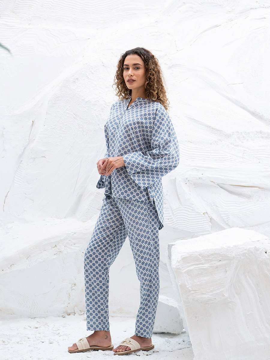 Geometric Printed Notch Neck Top and Straight Pyjama Pants