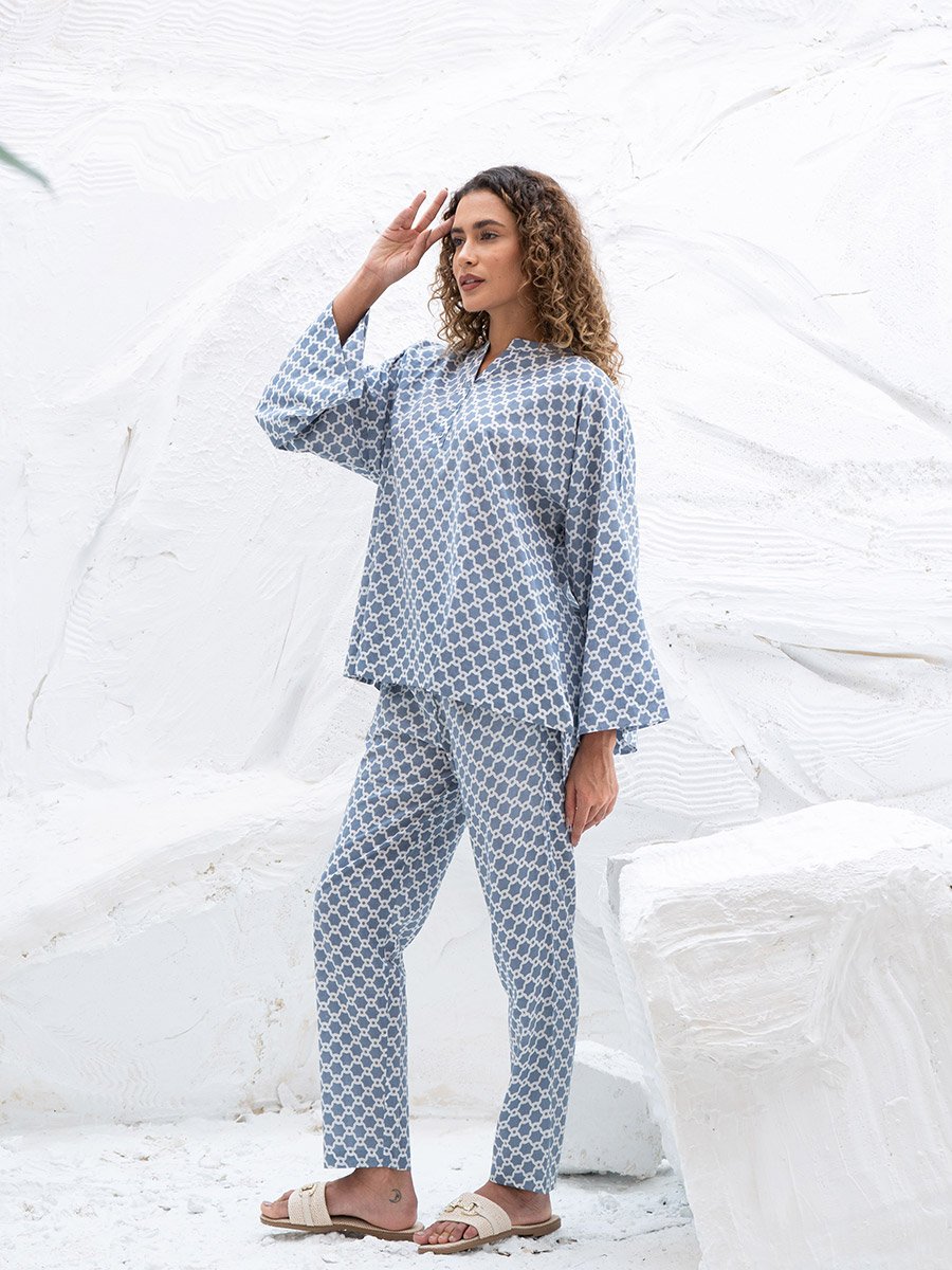 Geometric Printed Notch Neck Top and Straight Pyjama Pants