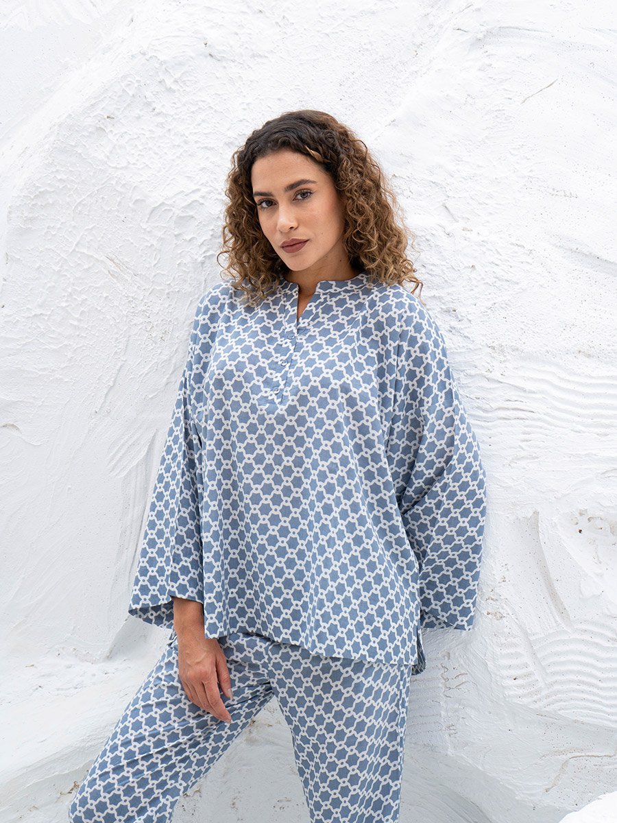 Geometric Printed Notch Neck Top and Straight Pyjama Pants