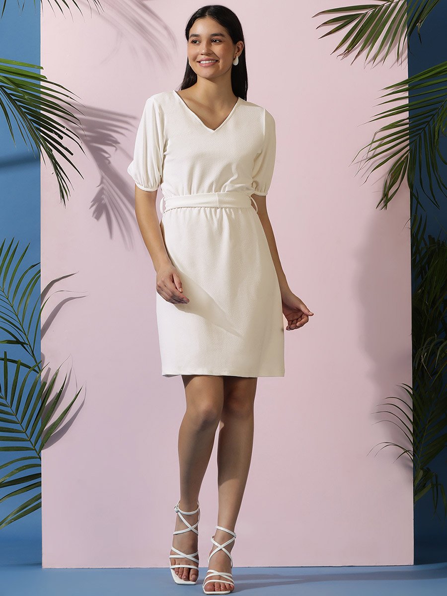 V Neck Puff Sleeves A-Line Mini Dress