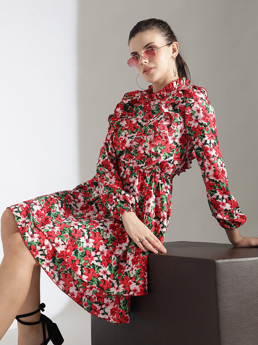 Floral Print Layered Fit and Flare Knee Length Dress For Women at UAE |  Styli