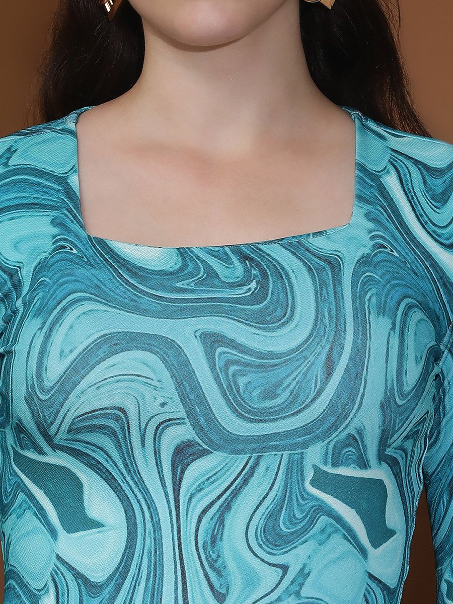 Abstract Printed Ruched Sheath Midi Dress