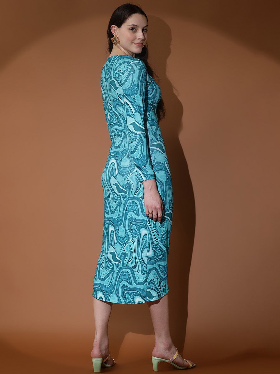 Abstract Printed Ruched Sheath Midi Dress