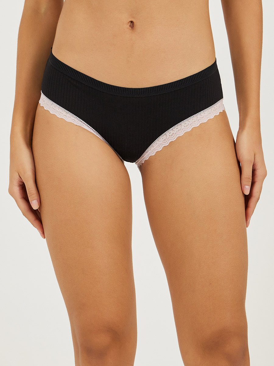 Ribbed Lace Trim Padded Back Bow Detail Crop Top and Bikini Set 