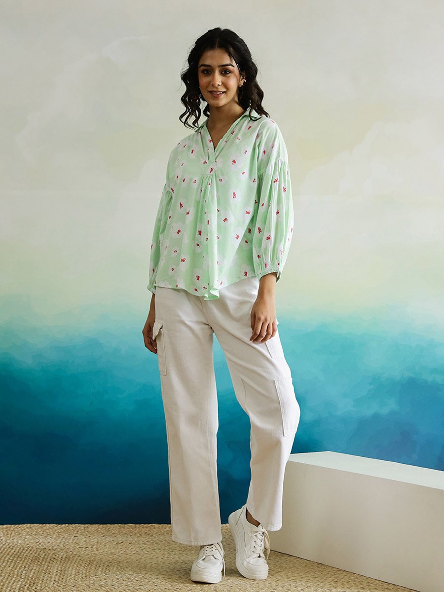 All-Over Floral Print Balloon Sleeve Cotton Top