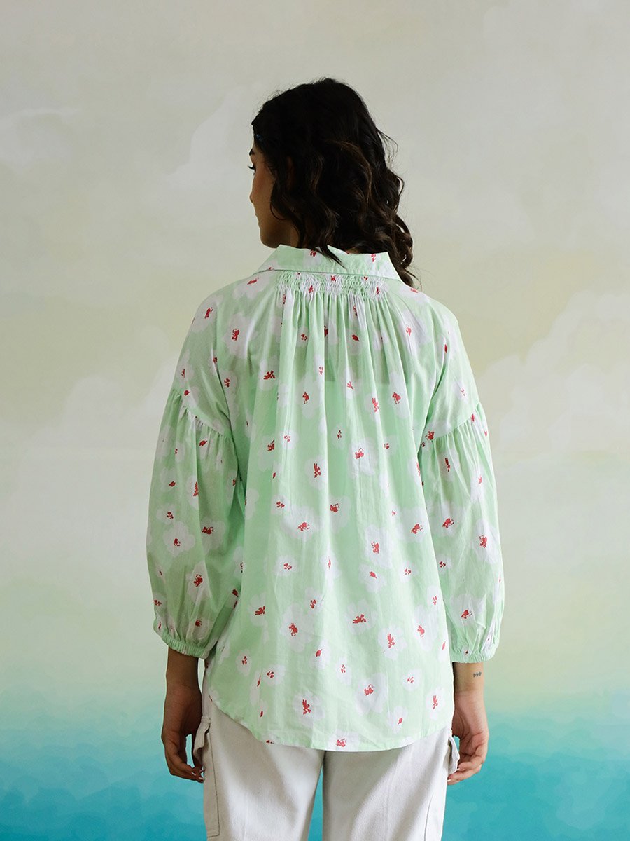All-Over Floral Print Balloon Sleeve Cotton Top