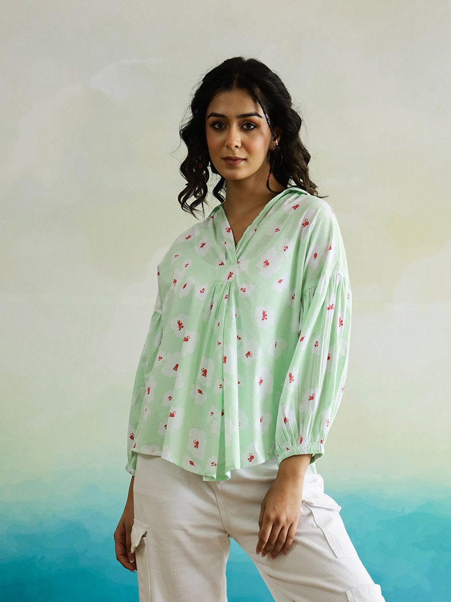 All-Over Floral Print Balloon Sleeve Cotton Top
