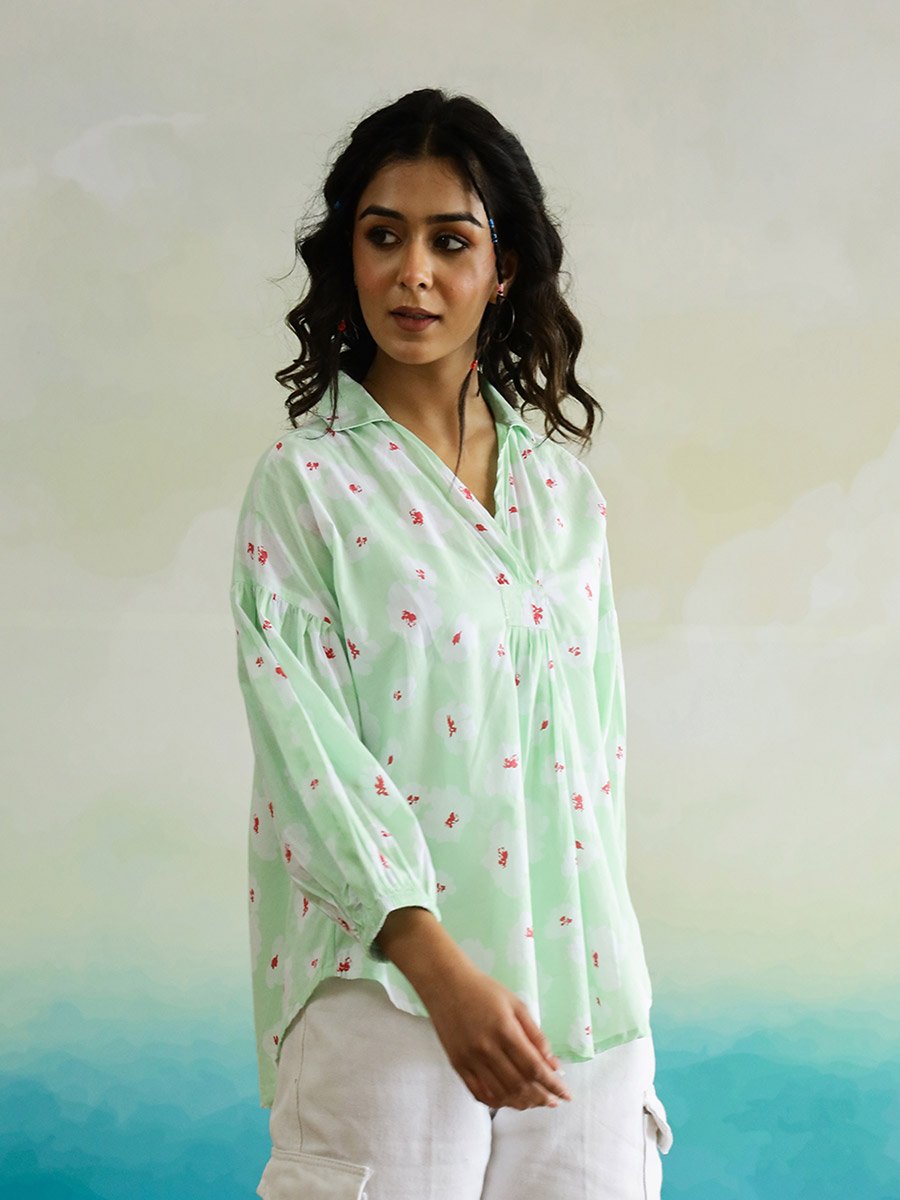 All-Over Floral Print Balloon Sleeve Cotton Top
