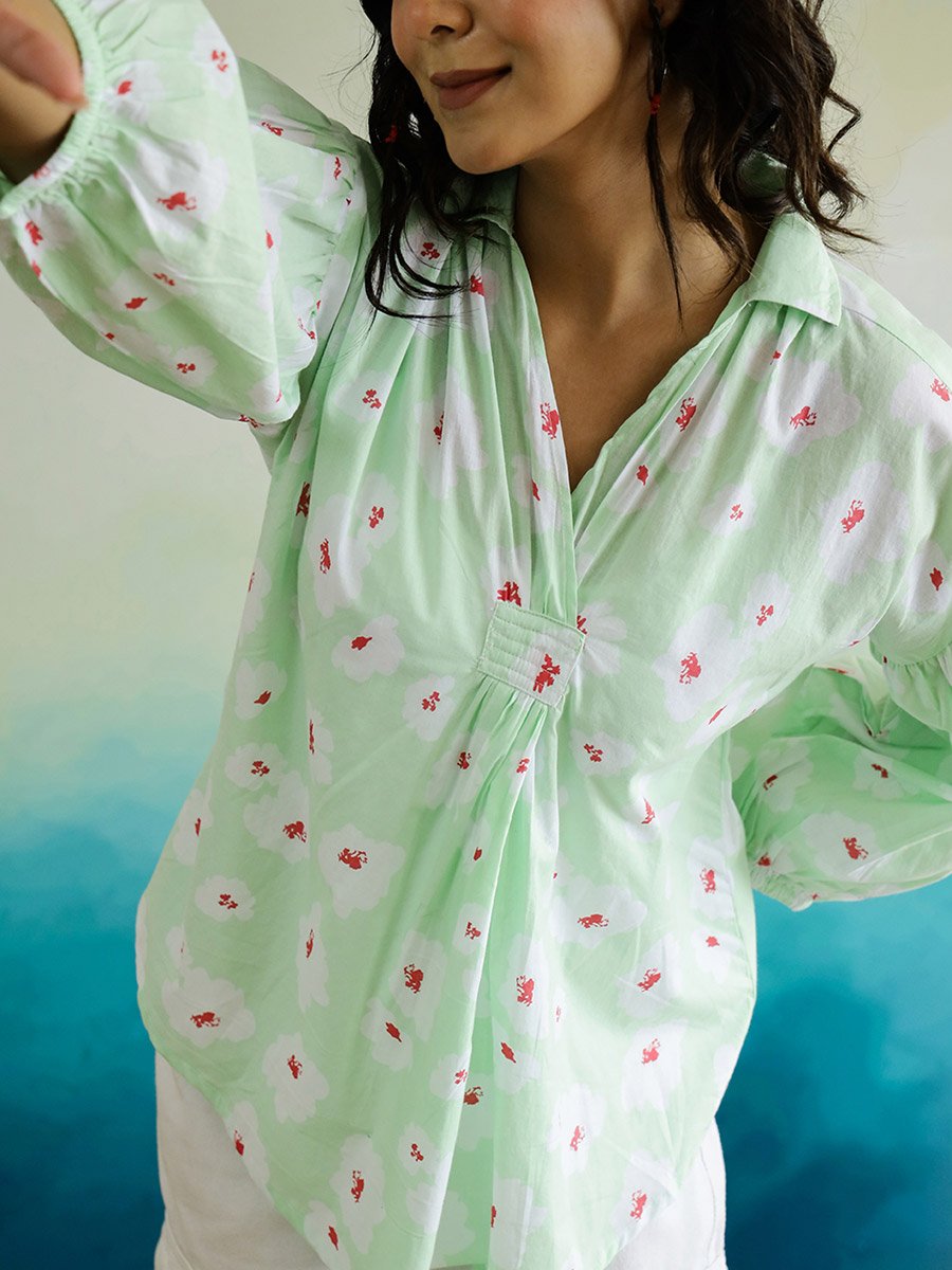 All-Over Floral Print Balloon Sleeve Cotton Top