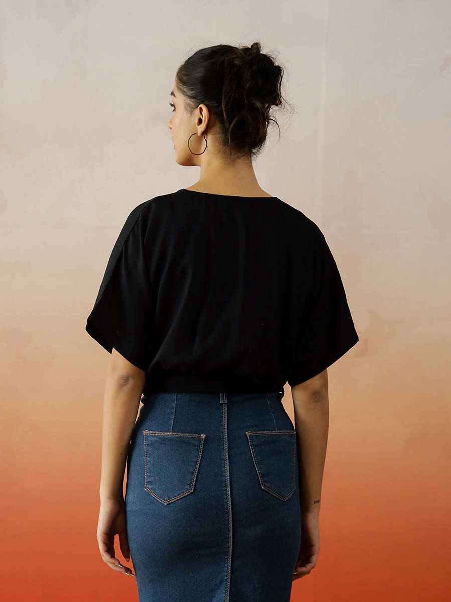 Solid Extended Sleeves V-Neck Cotton Top