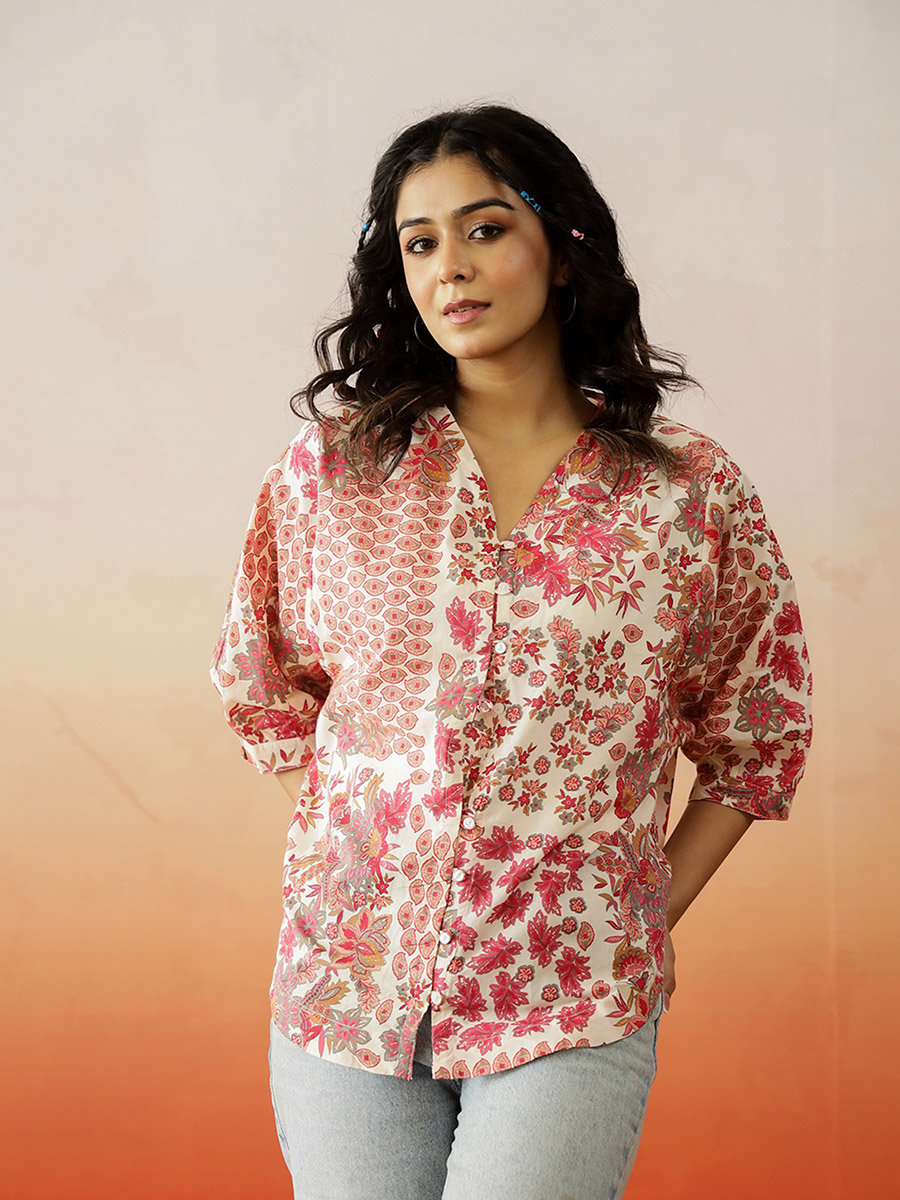 Floral Print V-Neck Cotton Top