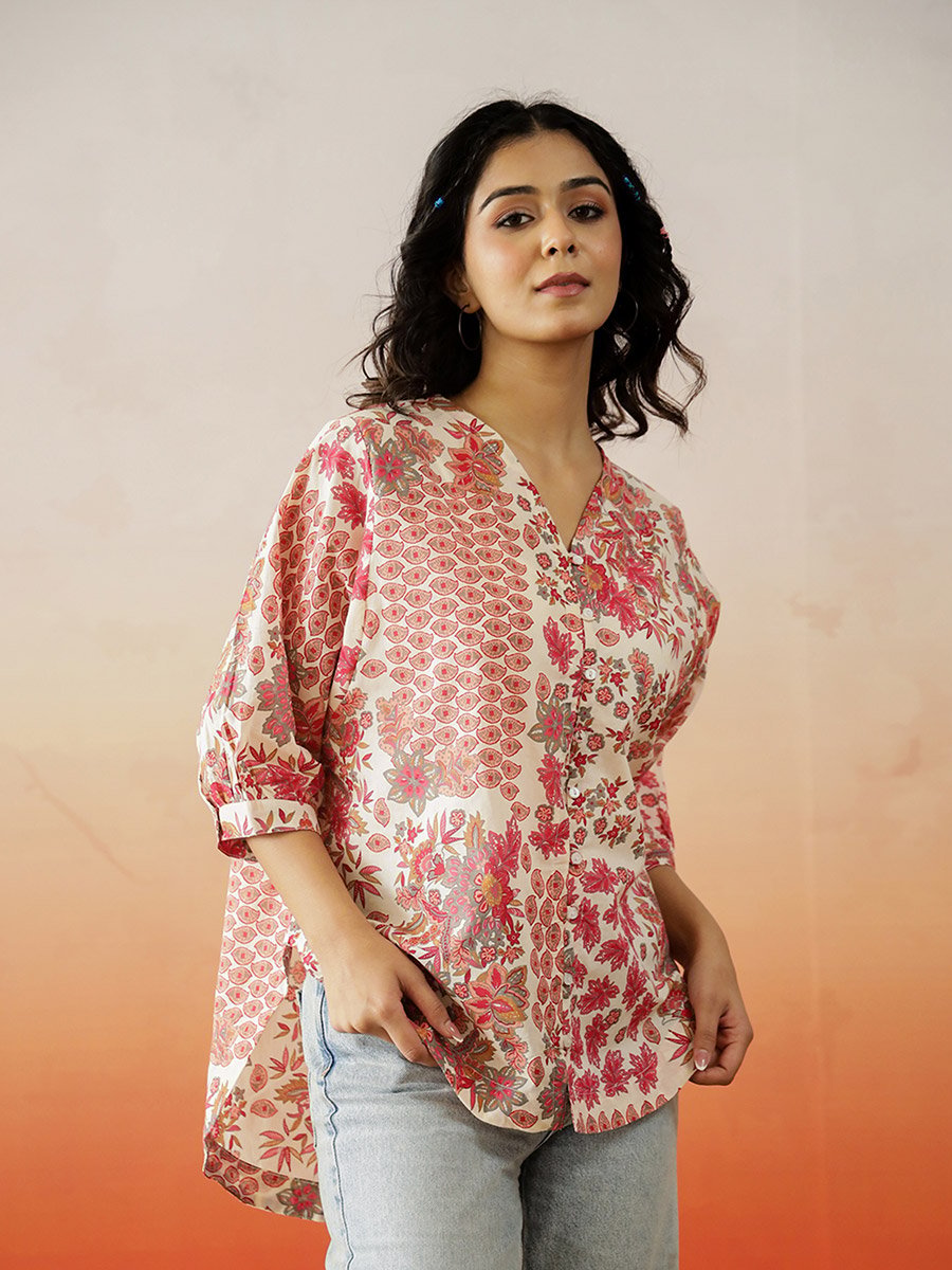 Floral Print V-Neck Cotton Top