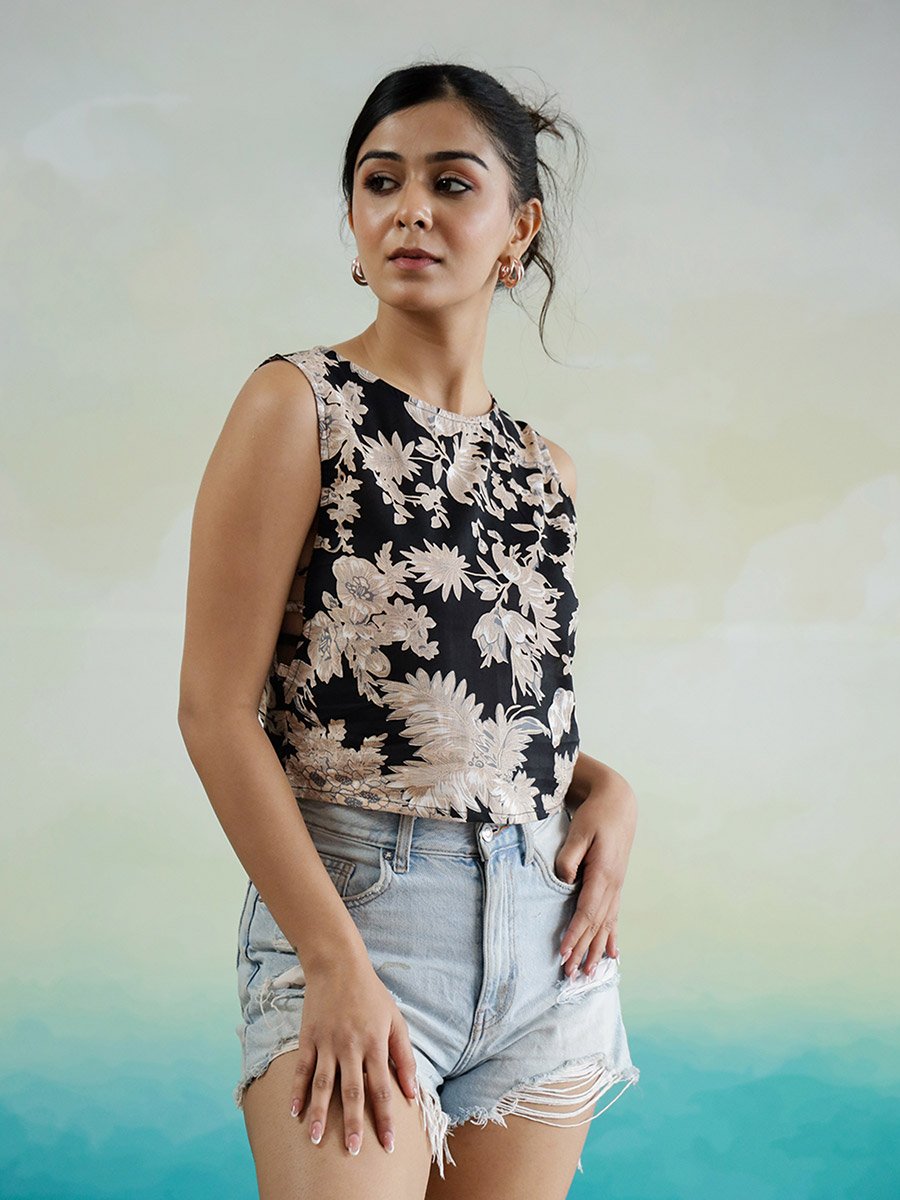 All-Over Floral Print Sleeveless Cotton Top