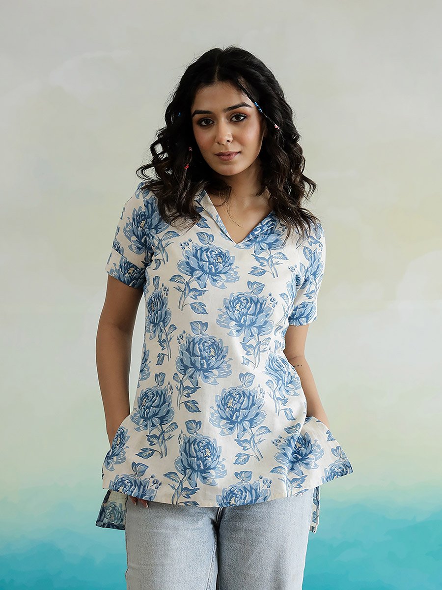 All-Over Floral Print V-Neck Cotton Top