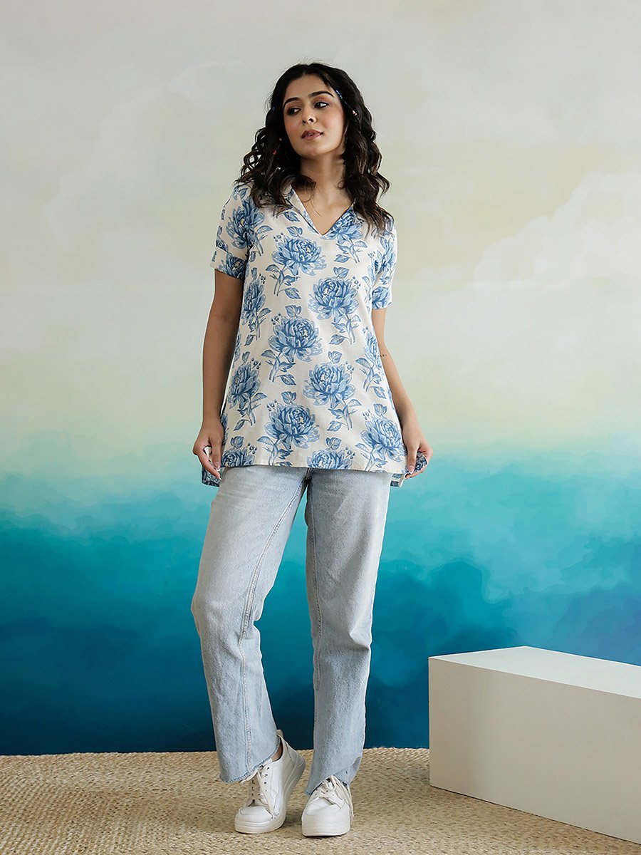 All-Over Floral Print V-Neck Cotton Top