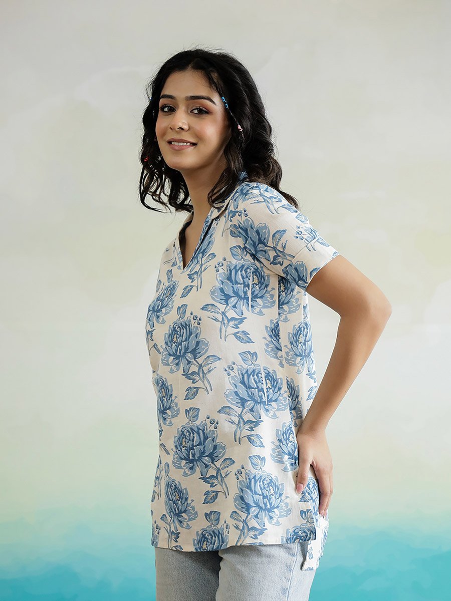All-Over Floral Print V-Neck Cotton Top