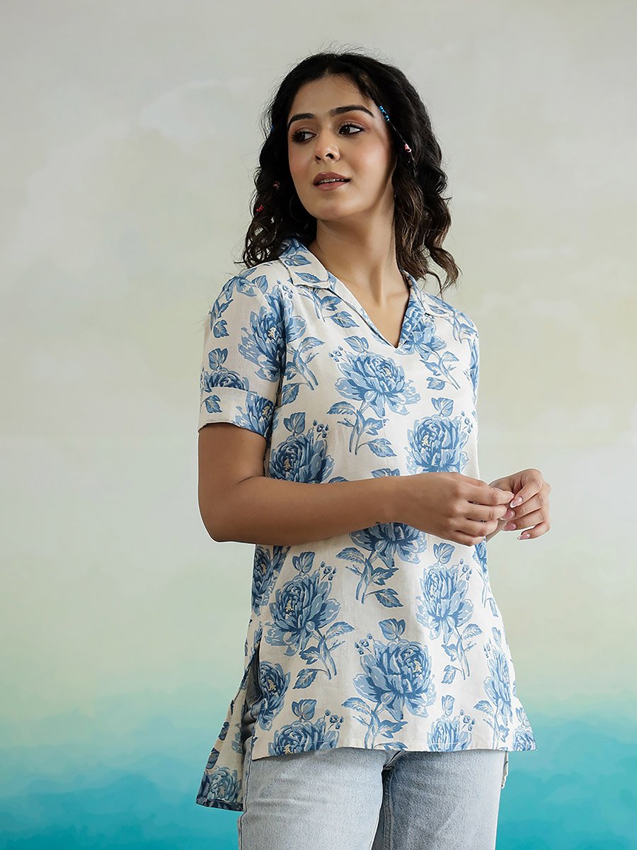 All-Over Floral Print V-Neck Cotton Top