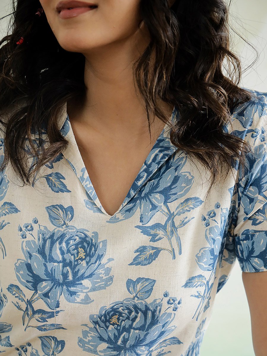 All-Over Floral Print V-Neck Cotton Top