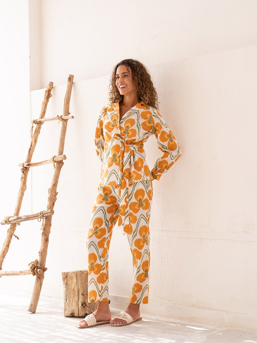 Floral Print Notch Label Neck Cotton Shirt with Trousers Co-Ords
