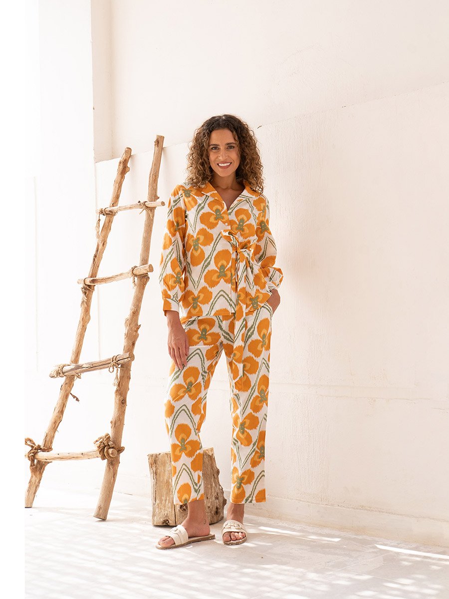 Floral Print Notch Label Neck Cotton Shirt with Trousers Co-Ords
