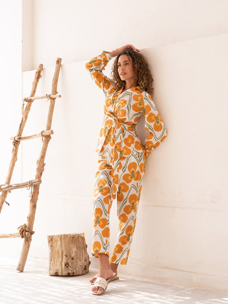 Floral Print Notch Label Neck Cotton Shirt with Trousers Co-Ords