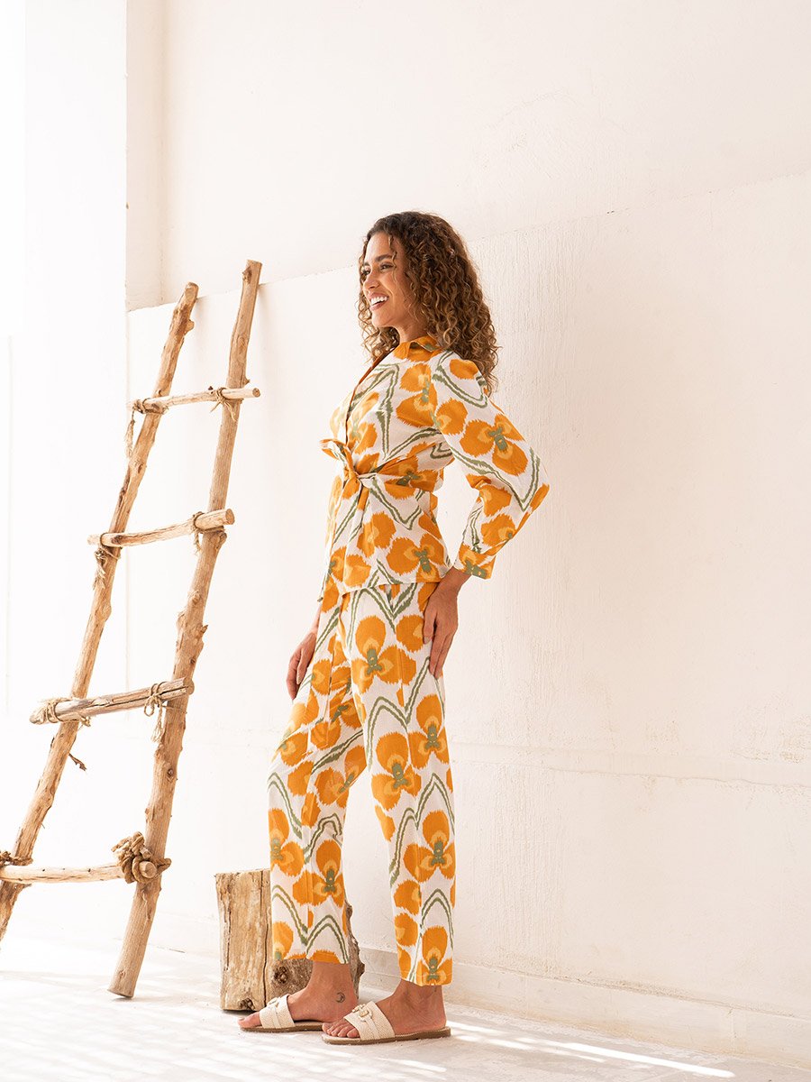 Floral Print Notch Label Neck Cotton Shirt with Trousers Co-Ords