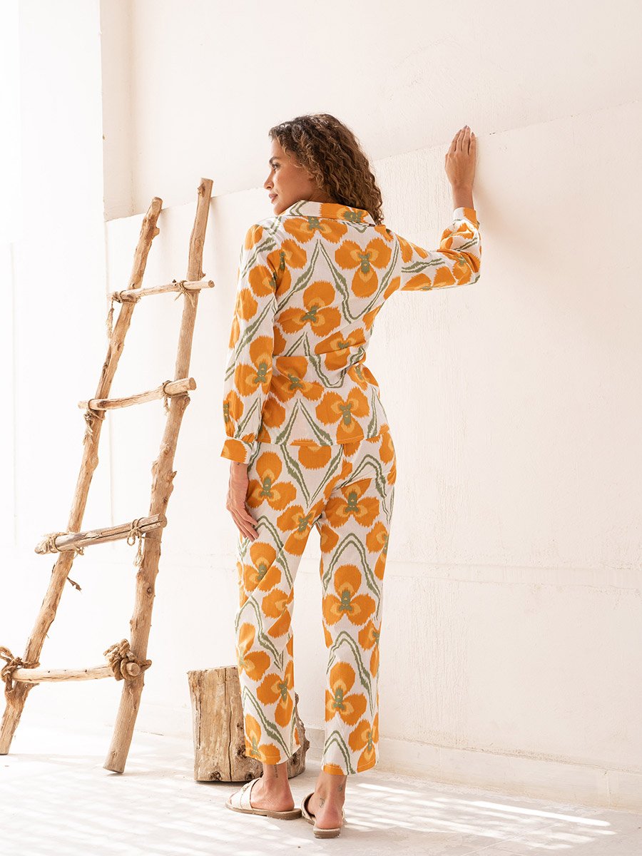 Floral Print Notch Label Neck Cotton Shirt with Trousers Co-Ords