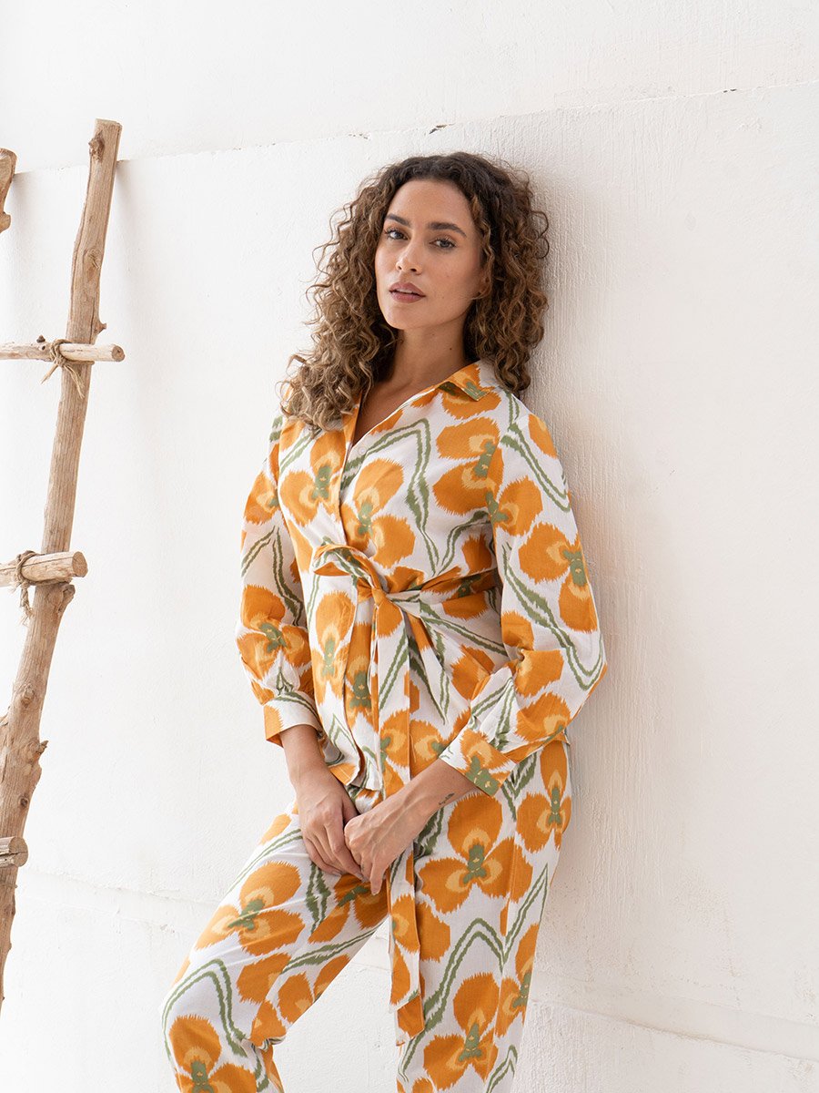 Floral Print Notch Label Neck Cotton Shirt with Trousers Co-Ords