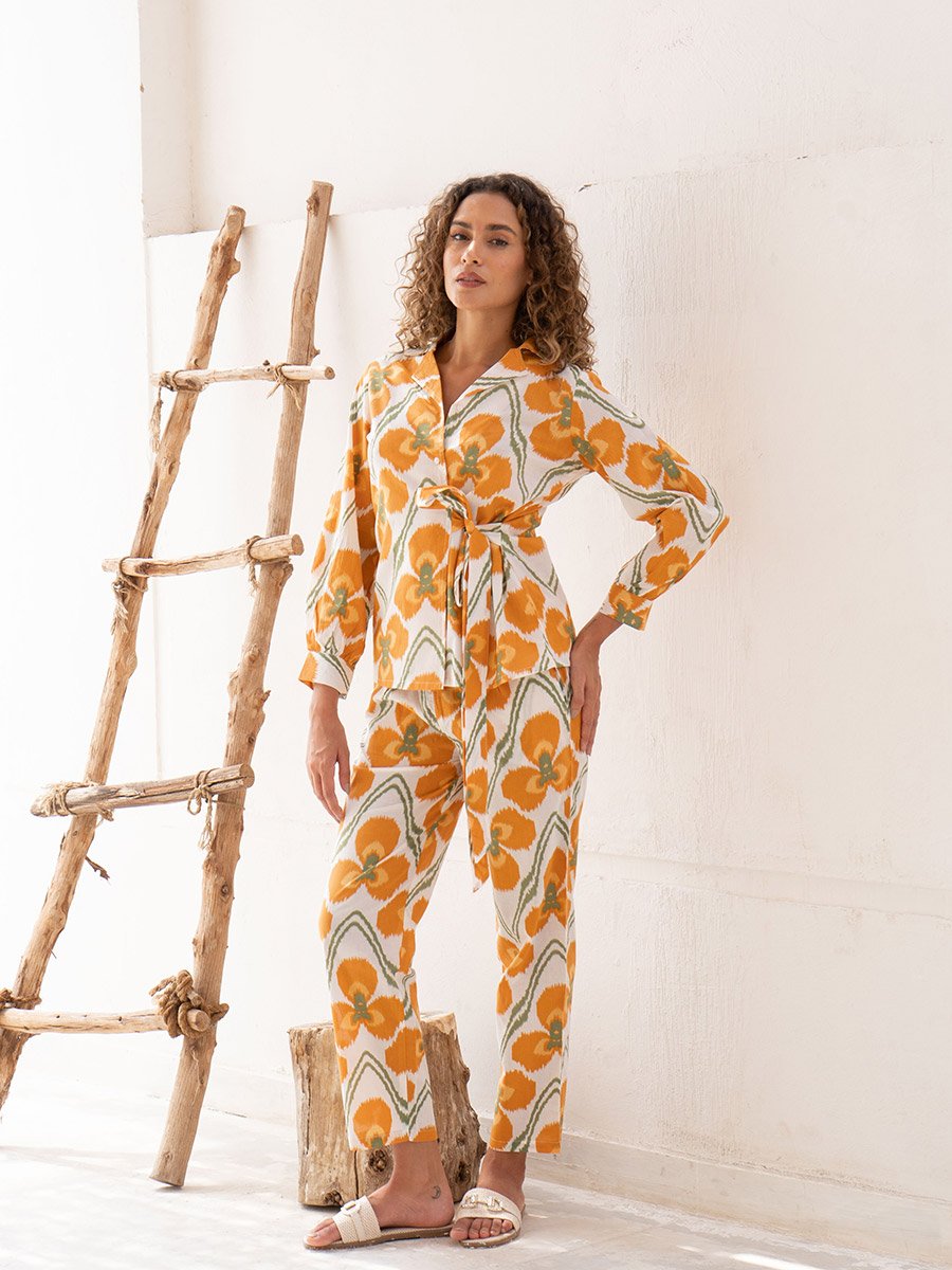 Floral Print Notch Label Neck Cotton Shirt with Trousers Co-Ords