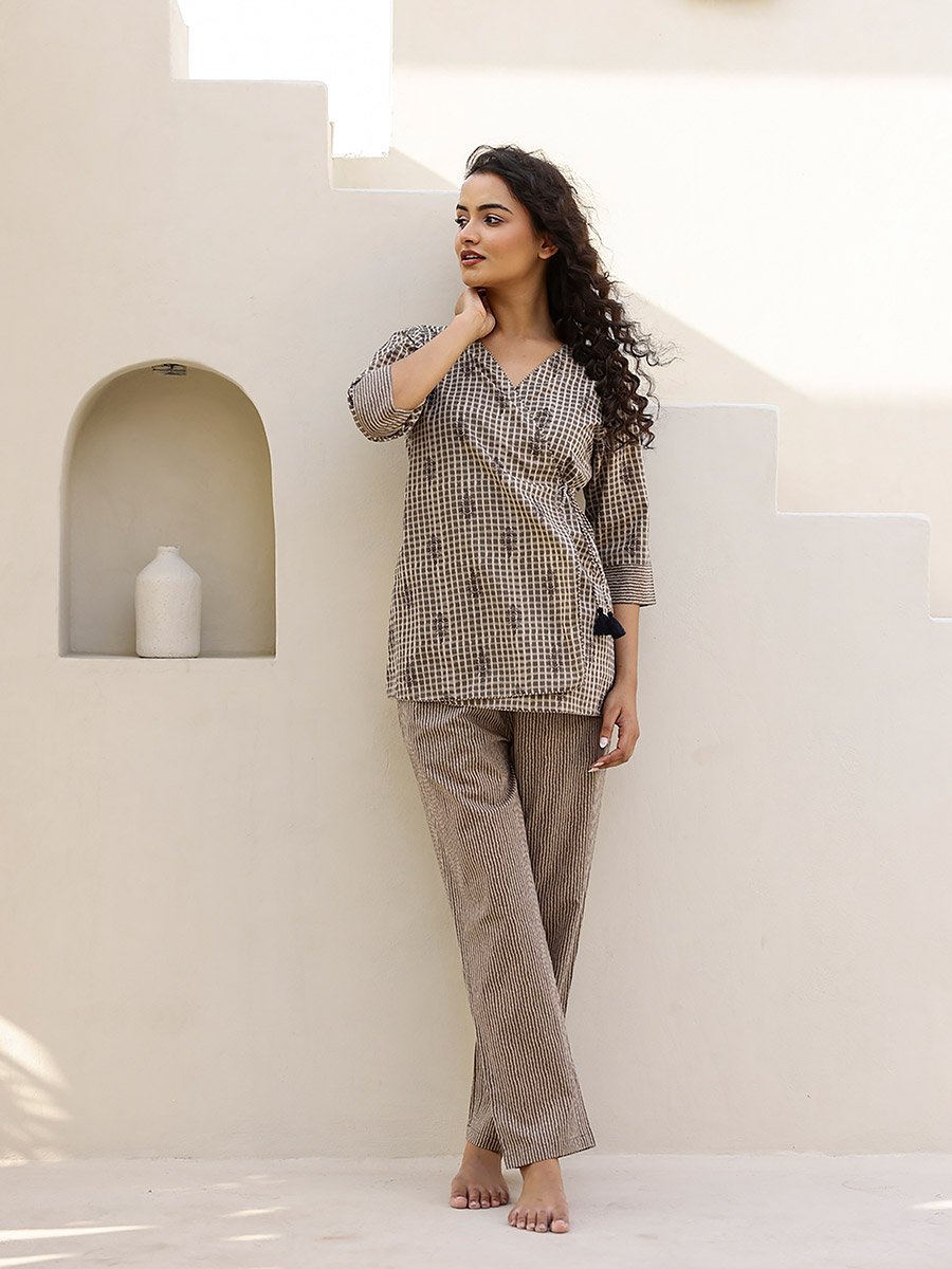 All-Over Print Wrap Top with Striped Trousers Co-Ords