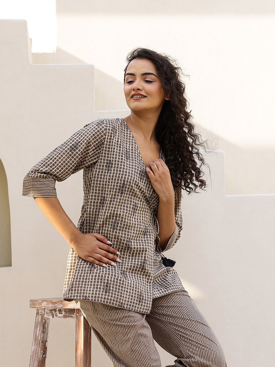 All-Over Print Wrap Top with Striped Trousers Co-Ords