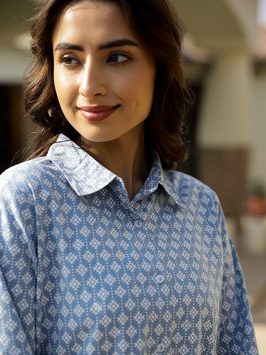 All-Over Print Spread Collar Cotton Shirt with Trousers Co-Ords