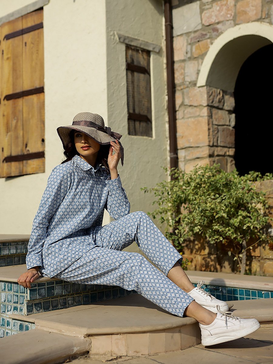 All-Over Print Spread Collar Cotton Shirt with Trousers Co-Ords