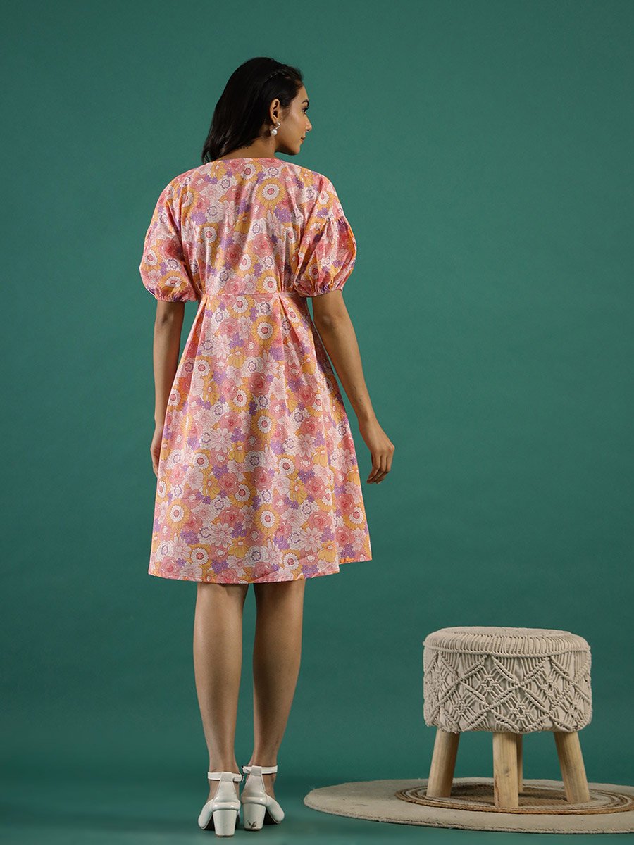 Floral Print Puff Sleeves Cotton A-Line Knee-Length Dress