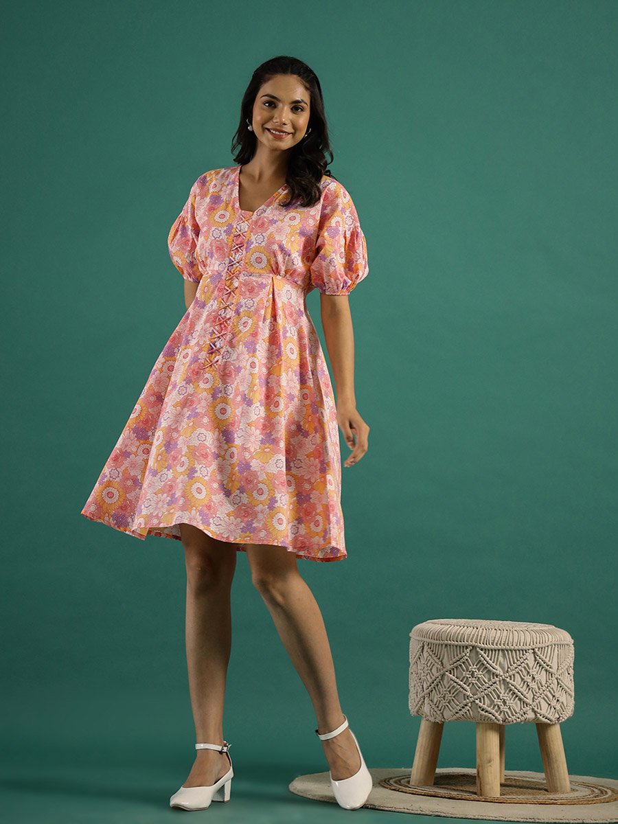 Floral Print Puff Sleeves Cotton A-Line Knee-Length Dress