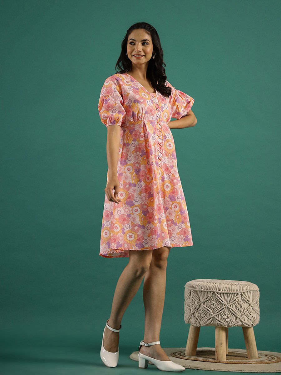 Floral Print Puff Sleeves Cotton A-Line Knee-Length Dress