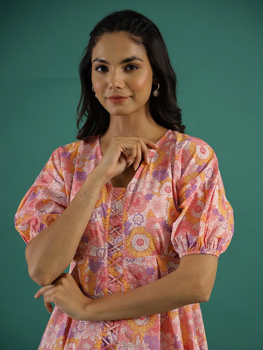 Floral Print Puff Sleeves Cotton A-Line Knee-Length Dress