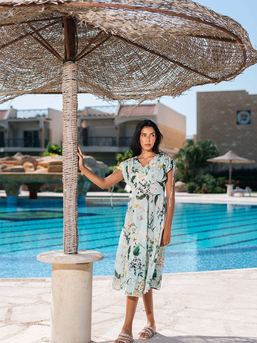 Floral Print Cotton A-Line Midi Dress For Women at UAE | Styli