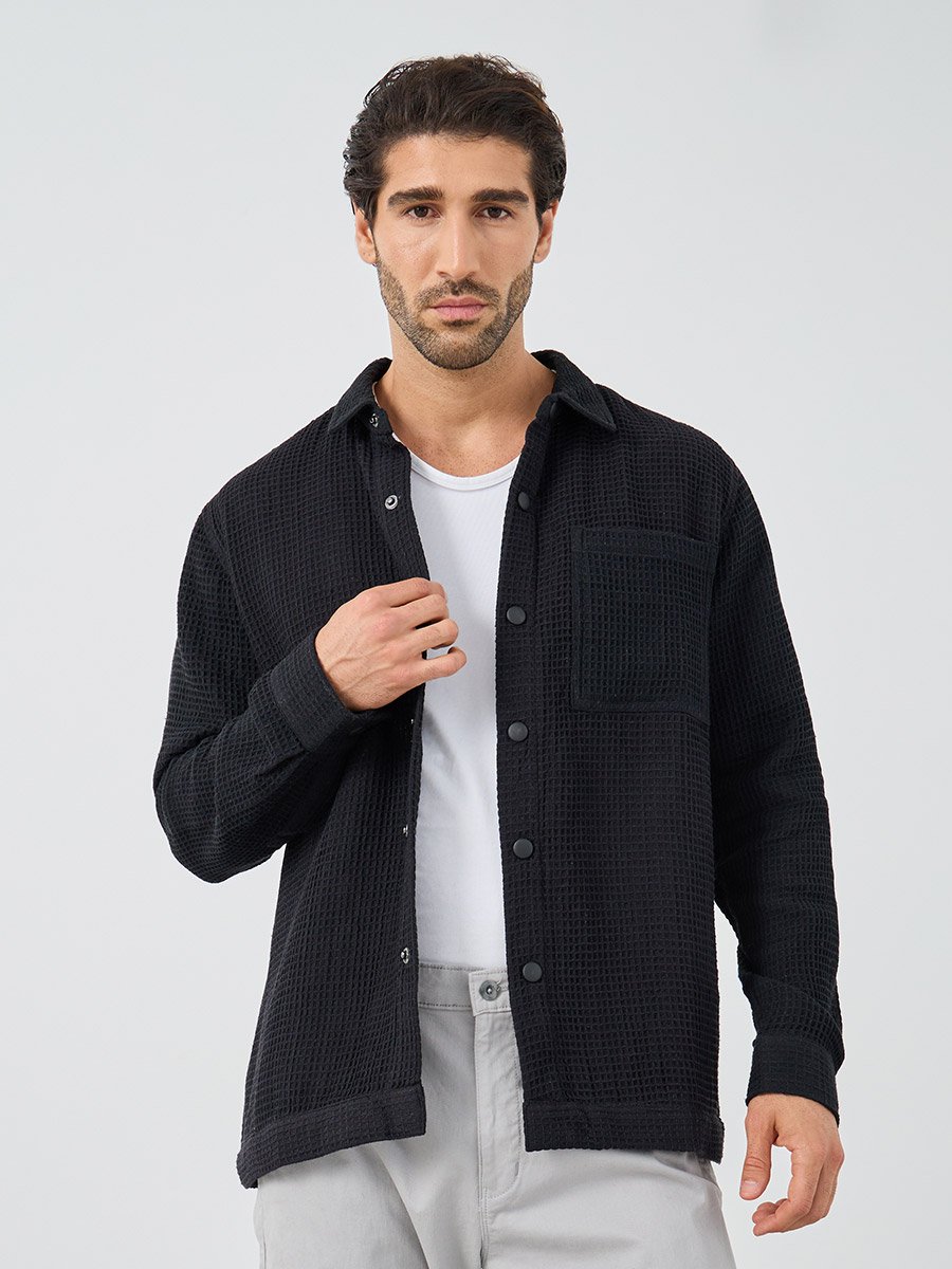 Waffle Textured Oversized Shacket with Pocket Detail