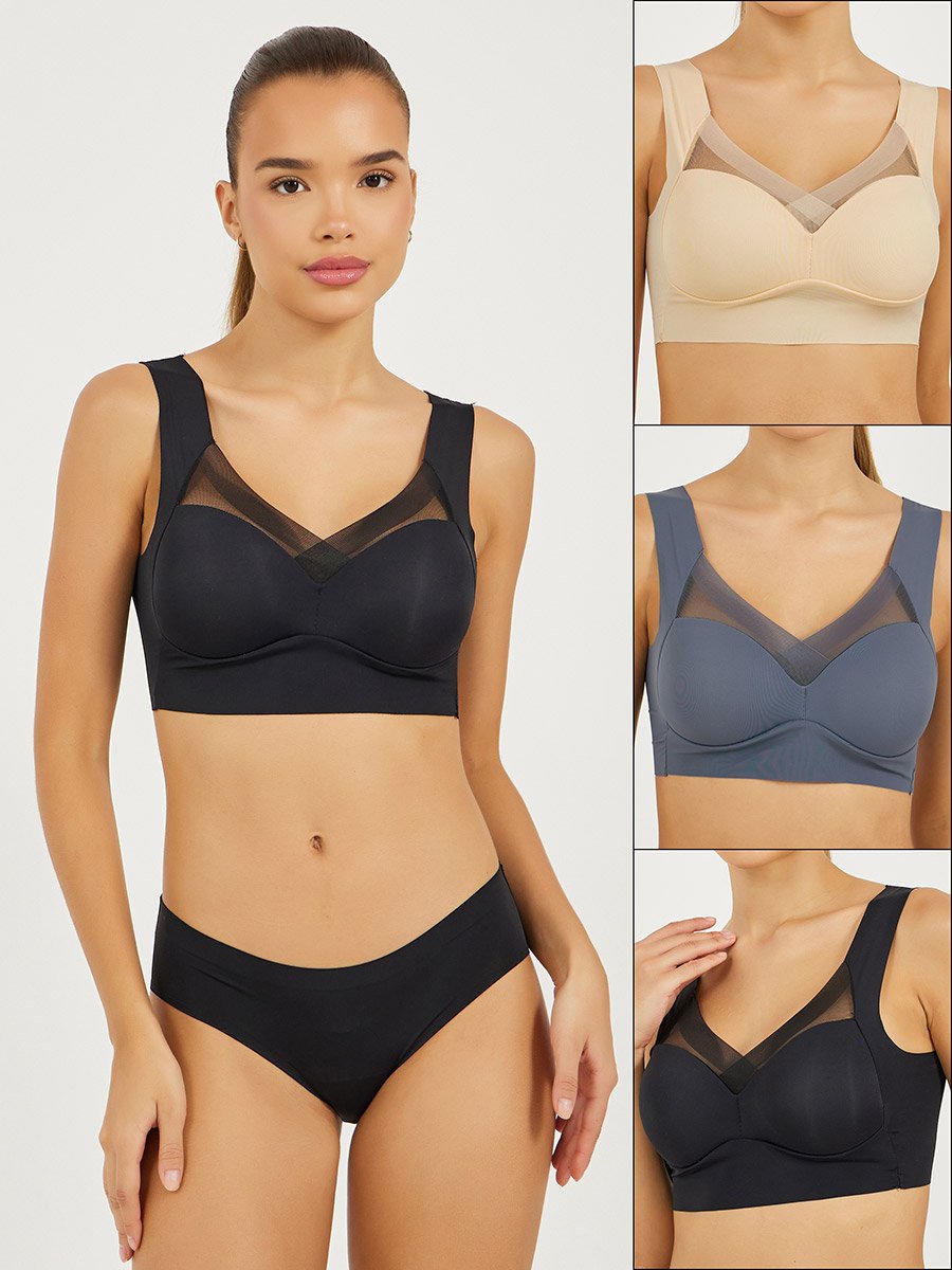 Pack of 3 - Padded Non Wired Full Support Mesh Cross Over Front Detail Crop Top