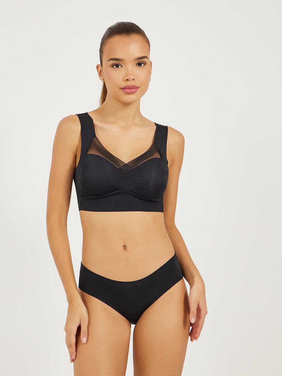 Pack of 3 - Padded Non Wired Full Support Mesh Cross Over Front Detail Crop Top
