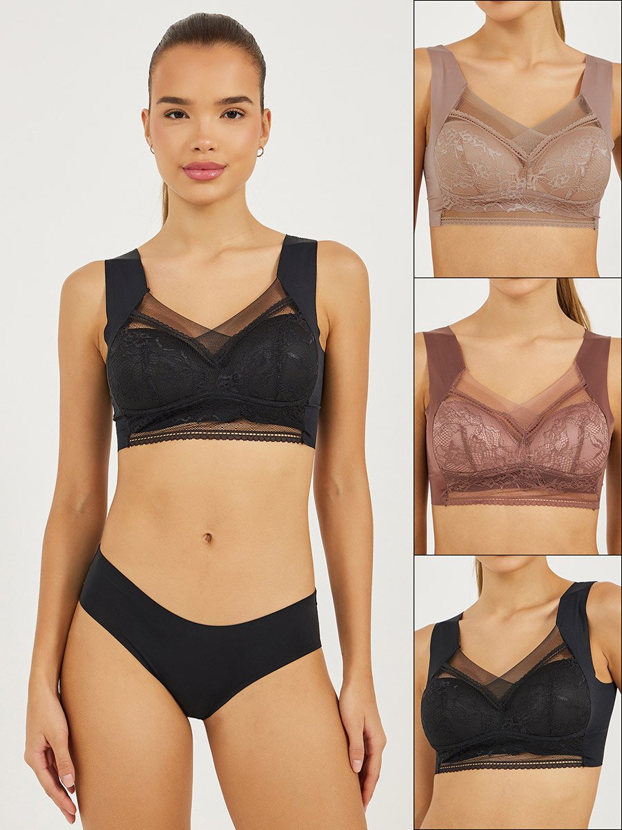 Pack of 3 - Padded Non-Wired Full Support Mesh Front Lace Cup Crop Top