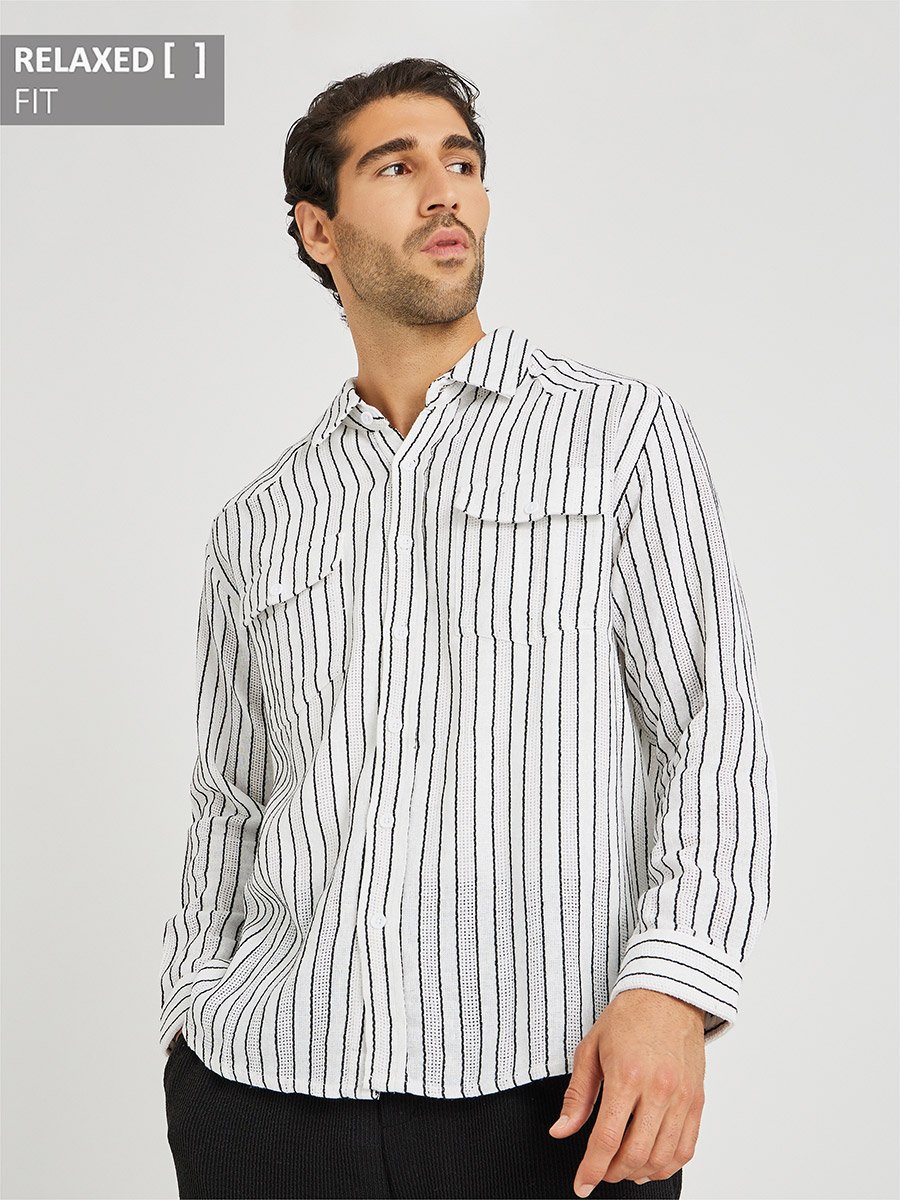 Yarn Dyed Striped Long Sleeve Relaxed Fit Shirt with Flap Pockets